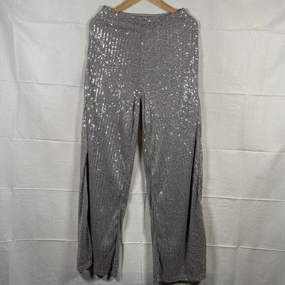 🔵 SHEIN BAE Women`s Size M Silver High Waist Sequins Wide Leg Pants - Picture 1 of 7